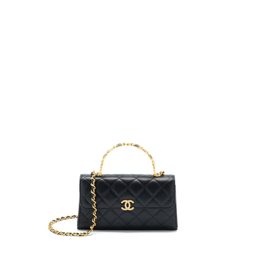 Chanel 22B Flap Bag With Enamel/CC Logo Top Handle Lambskin Black Brushed GHW