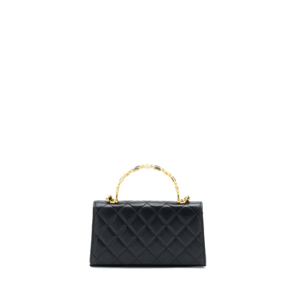 Chanel 22B Flap Bag With Enamel/CC Logo Top Handle Lambskin Black Brushed GHW