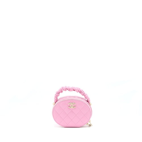Chanel 22S Top Handle Mini Round Vanity Clutch Lambskin Pink LGHW
