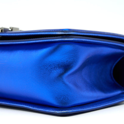CHANEL MEDIUM LE BOY BAG IN METALLIC BLUE SHW