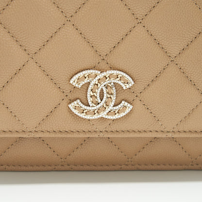 Chanel 22S detailed Logo Wallet on chain Caviar Dark beige with LGHW (microchip)