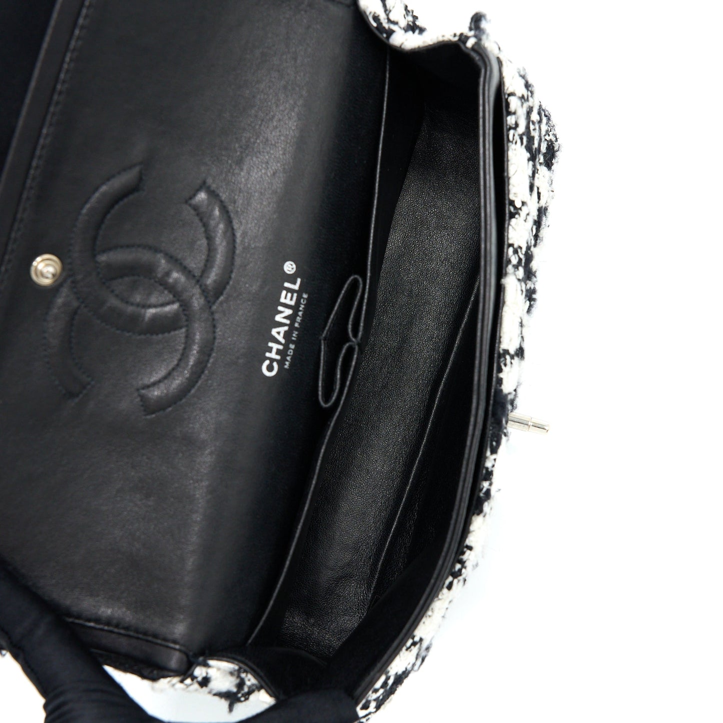 Chanel Vintage Medium Classic Flap Bag Tweed Black And White SHW