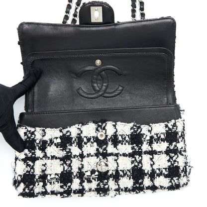 Chanel Vintage Medium Classic Flap Bag Tweed Black And White SHW