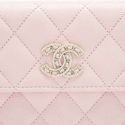 Chanel 22S detailed logo flap long wallet caviar light pink with LGHW