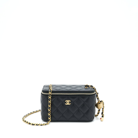 Chanel 22B Pearl Crush Long Vanity With Chain Lambskin Black GHW