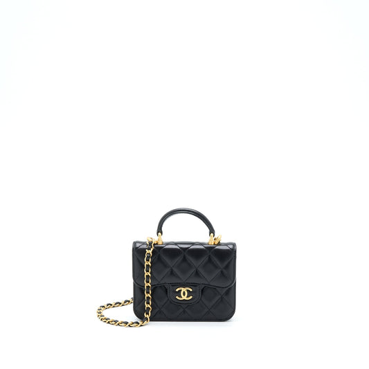 Chanel Top Handle Mini Flap Card Holder Lambskin Black GHW