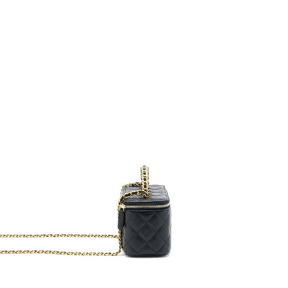 Chanel 22k Leather Chain Top Handle Long Vanity Case Lambskin Black Brushed GHW