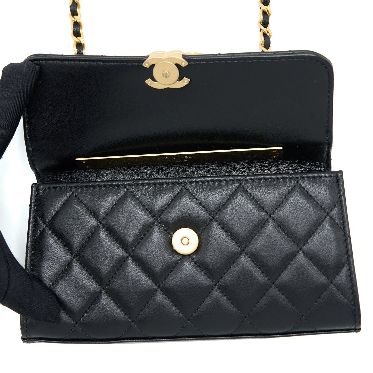 Chanel 22B Flap Bag With Enamel/CC Logo Top Handle Lambskin Black Brushed GHW