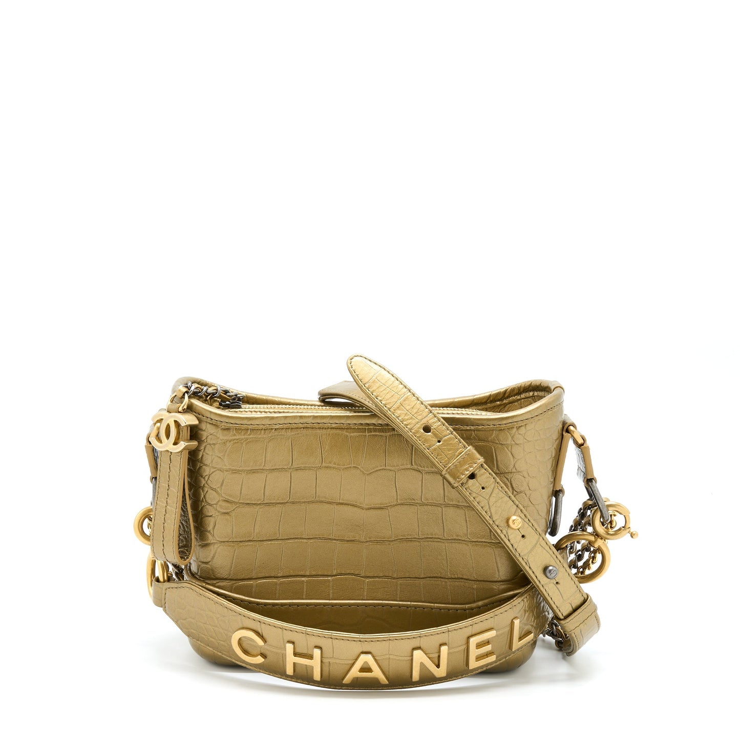 Chanel Small Gabrielle Hobo Bag Crocodile Embossed Calfskin Gold Multicolour Hardware