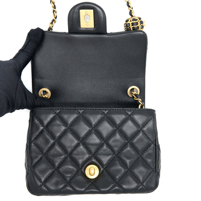 Chanel 22S Pearl Crush Mini Square Flap Bag Lambskin Black GHW(Microchip)