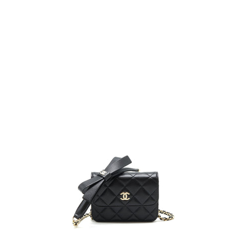 Chanel Mini flap card holder Ribbon Chain Lambskin Black LGHW