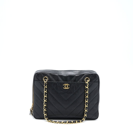 Chanel Vintage Camera Chevron Tote Bag Caviar Black GHW