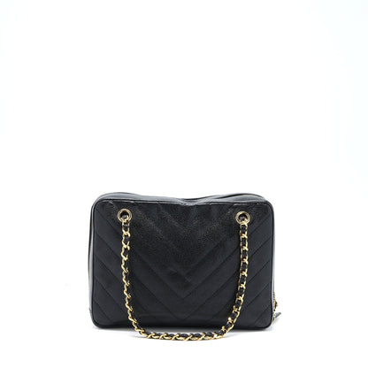 Chanel Vintage Camera Chevron Tote Bag Caviar Black GHW