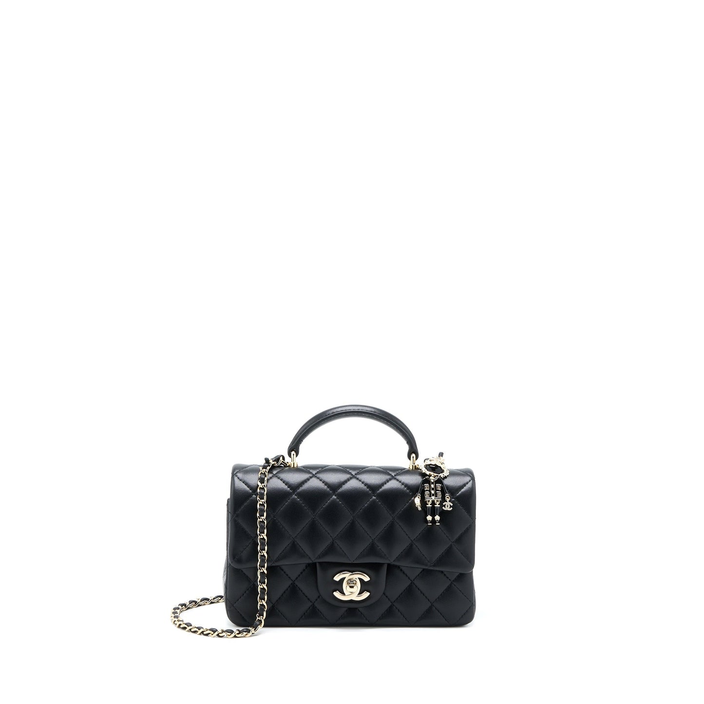 Chanel 22P lion charm Top Handle Mini Rectangular flap bag Lambskin Black LGHW (Microchip)