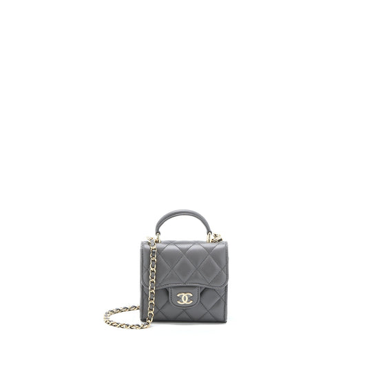 Chanel Mini Top Handle Flap Bag Lambskin Dark Grey LGHW