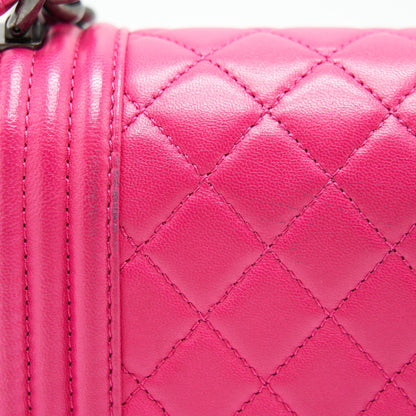 CHANEL SMALL BOY BAG LAMBSKIN RUTHENIUM HARDWARE HOT PINK