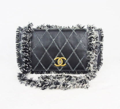 CHANEL Black Leather tweed trim 10" Flap bag
