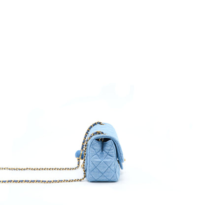 Chanel 22C Denim Pearl Crush Mini Square Flap Bag GHW(Microchip)