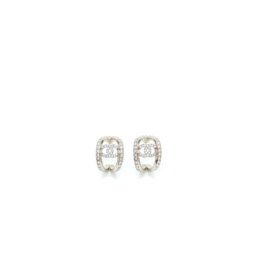 Chanel CC Logo Earring With Full Crystals Silver Tone