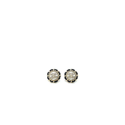 Chanel CC Logo Round Pearl Earring With Black Leather Light Gold Tone