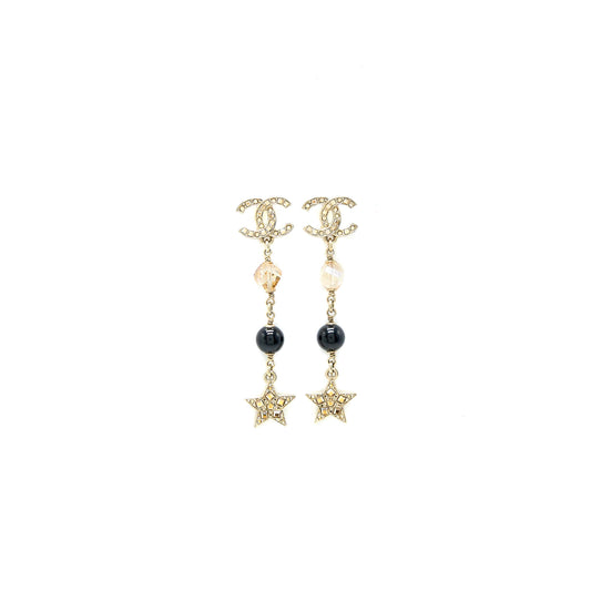 Chanel CC Logo With Crystals Star Drop Earring Light Gold Tone
