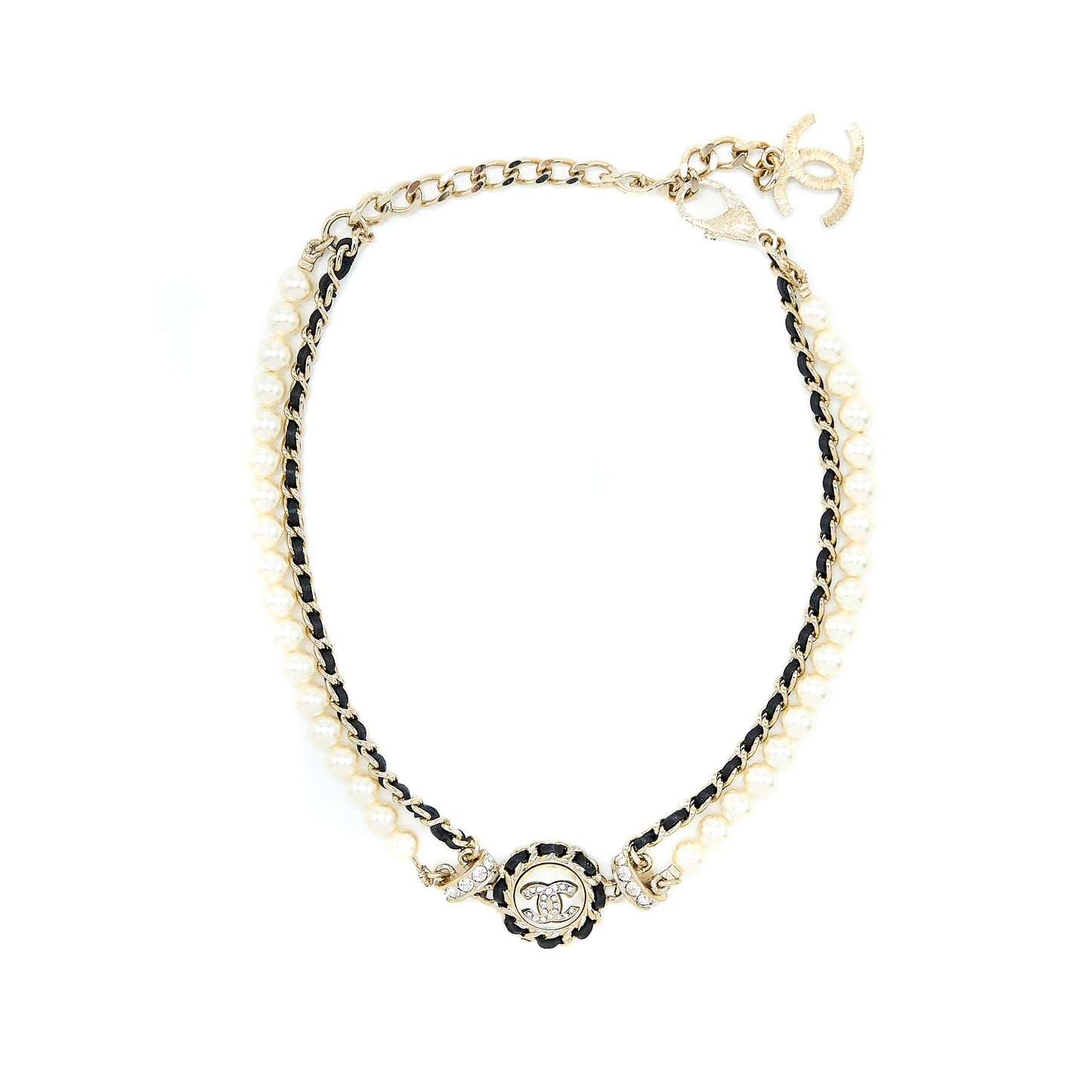 Chanel 21K Pearl And Chain Choker Light Gold Tone