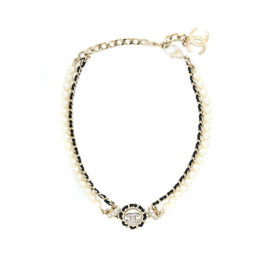Chanel 21K Pearl And Chain Choker Light Gold Tone