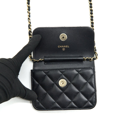 Chanel Mini Flap Card Holder Ribbon Chain Lambskin Black LGHW