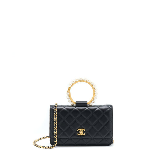 Chanel 21S Wallet On Chain With Pearl/CC logo Round Handle Lambskin Black Brushed GHW