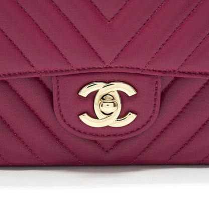 CHANEL MINI SQUARE CHEVRON RASPBERRY RED LAMBSKIN GHW