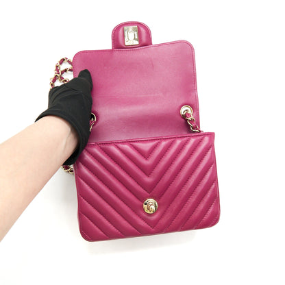 CHANEL MINI SQUARE CHEVRON RASPBERRY RED LAMBSKIN GHW