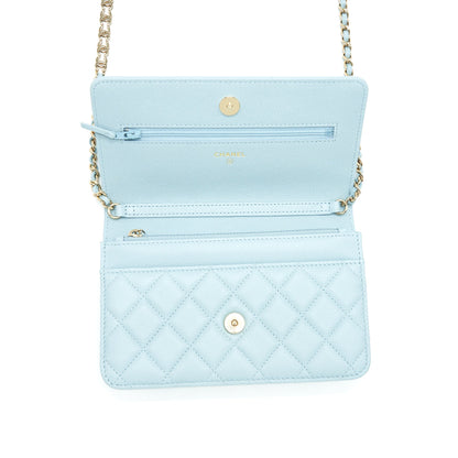 Chanel 22P Wallet On Chain With CC Logo Chain Caviar Light Blue LGHW