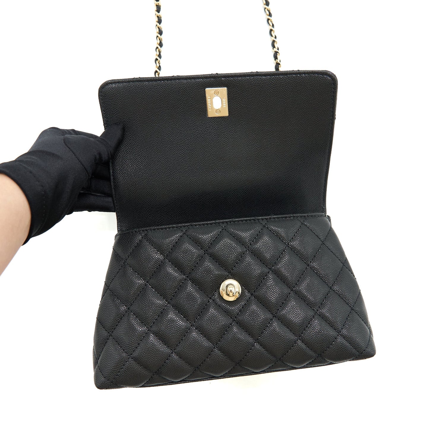 Chanel Small Coco Handle Caviar Black LGHW With Red Embossed Handle