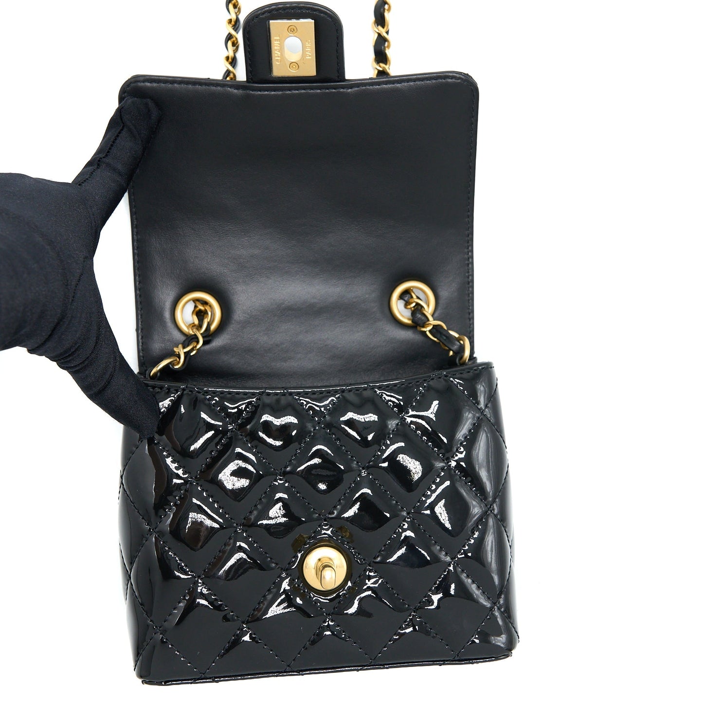 Chanel 22K Retro Classic New Square Mini Flap Bag Patent Black Brushed GHW(Microchip)