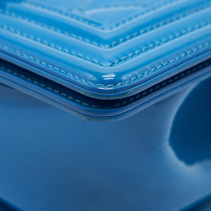 CHANEL SMALL LE BOY BAG IN PATENT LEATHER BLUE SHW