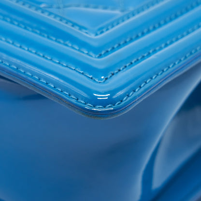 CHANEL SMALL LE BOY BAG IN PATENT LEATHER BLUE SHW