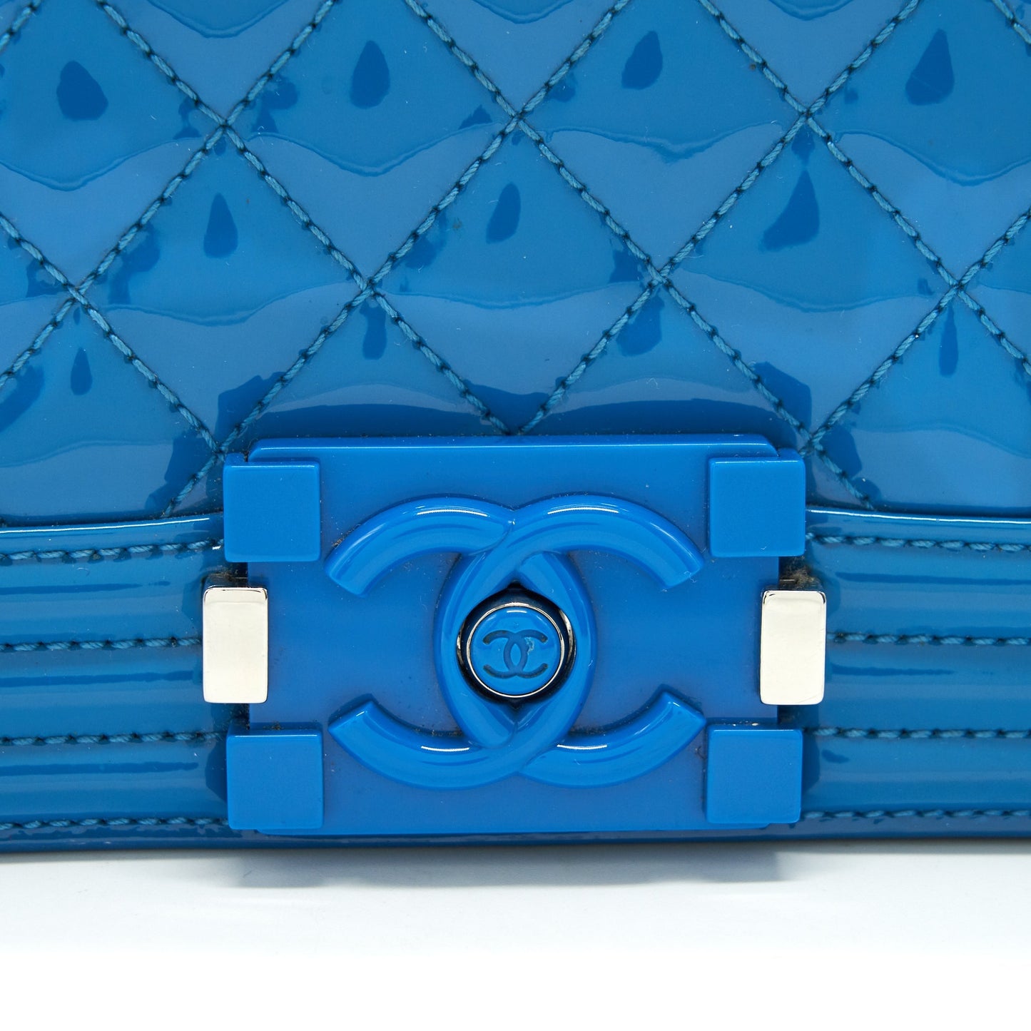 CHANEL SMALL LE BOY BAG IN PATENT LEATHER BLUE SHW