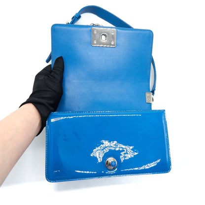 CHANEL SMALL LE BOY BAG IN PATENT LEATHER BLUE SHW