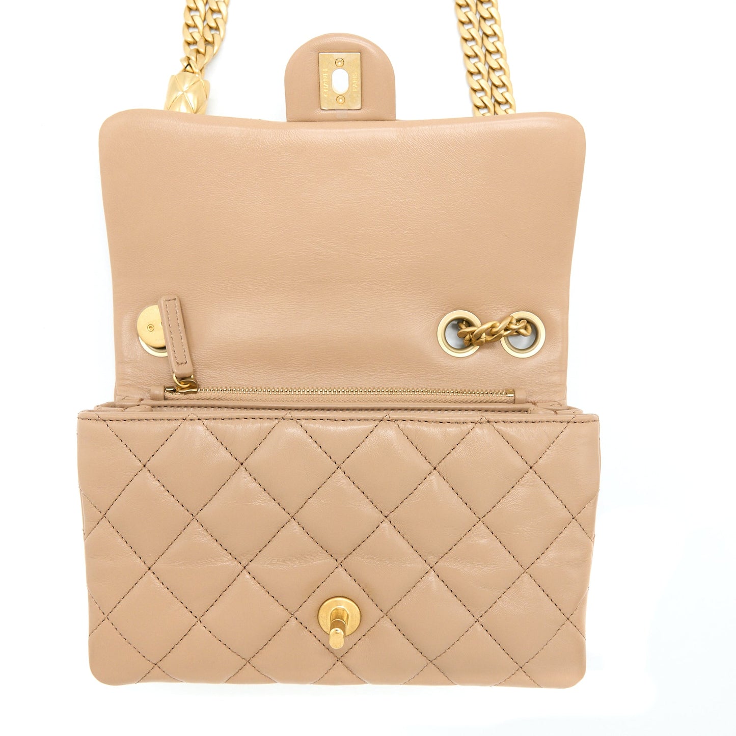 Chanel 22K Gold Pillar Adjustable Chain Flap Bag Lambskin Beige GHW (Microchip)