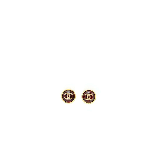 Chanel 22K Round With CC Earrings Ruby Gold Tone
