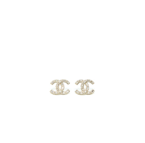 Chanel 22K Large CC Logo Earrings With Crystal Light Gold Tone