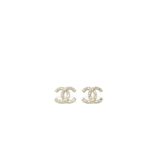 Chanel 22K Large CC Logo Earrings With Crystal Light Gold Tone