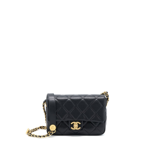 Chanel 22A Small Flap Bag Grained Shiny Calfskin Black Brushed GHW(Microchip)