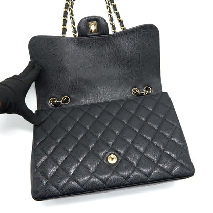 CHANEL CLASSIC JUMBO SINGLE FLAP BAG BLACK CAVIER GHW