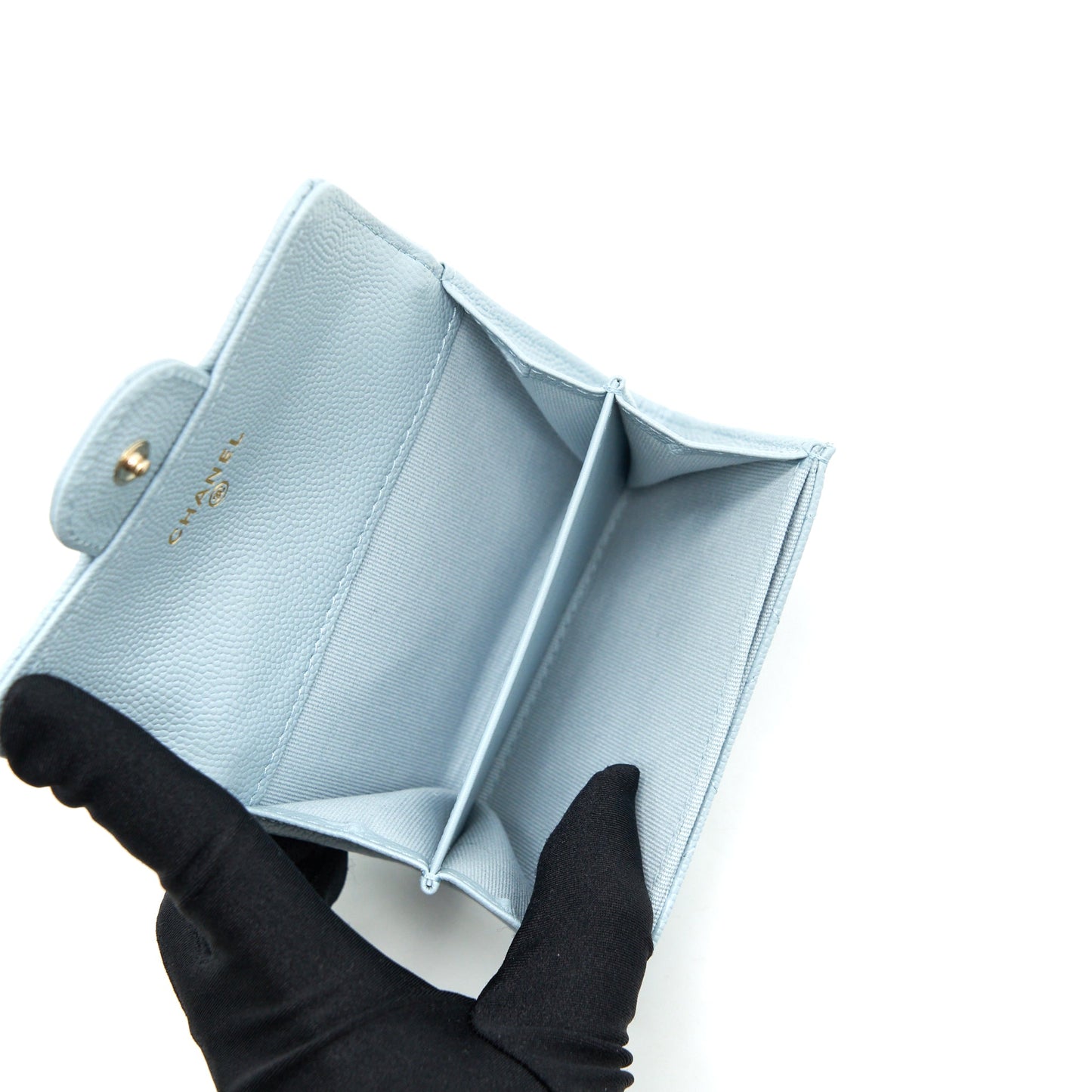 Chanel 22P Flap Double Card Holder Caviar Light Blue LGHW