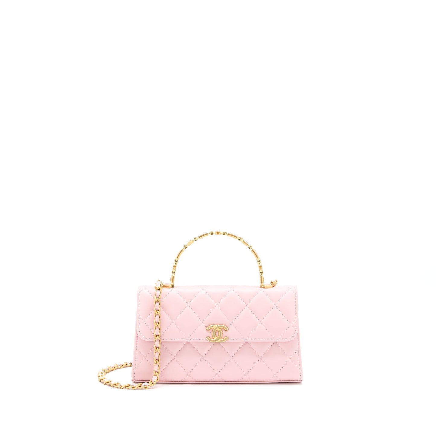Chanel 22B Flap Bag Enamel/CC Logo Top Handle Lambskin NJ523 Light Pink Brushed GHW
