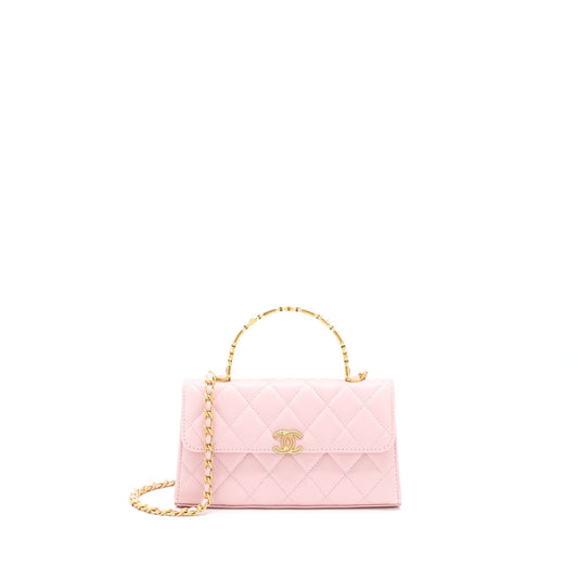 Chanel 22B Flap Bag Enamel/CC Logo Top Handle Lambskin NJ523 Light Pink Brushed GHW