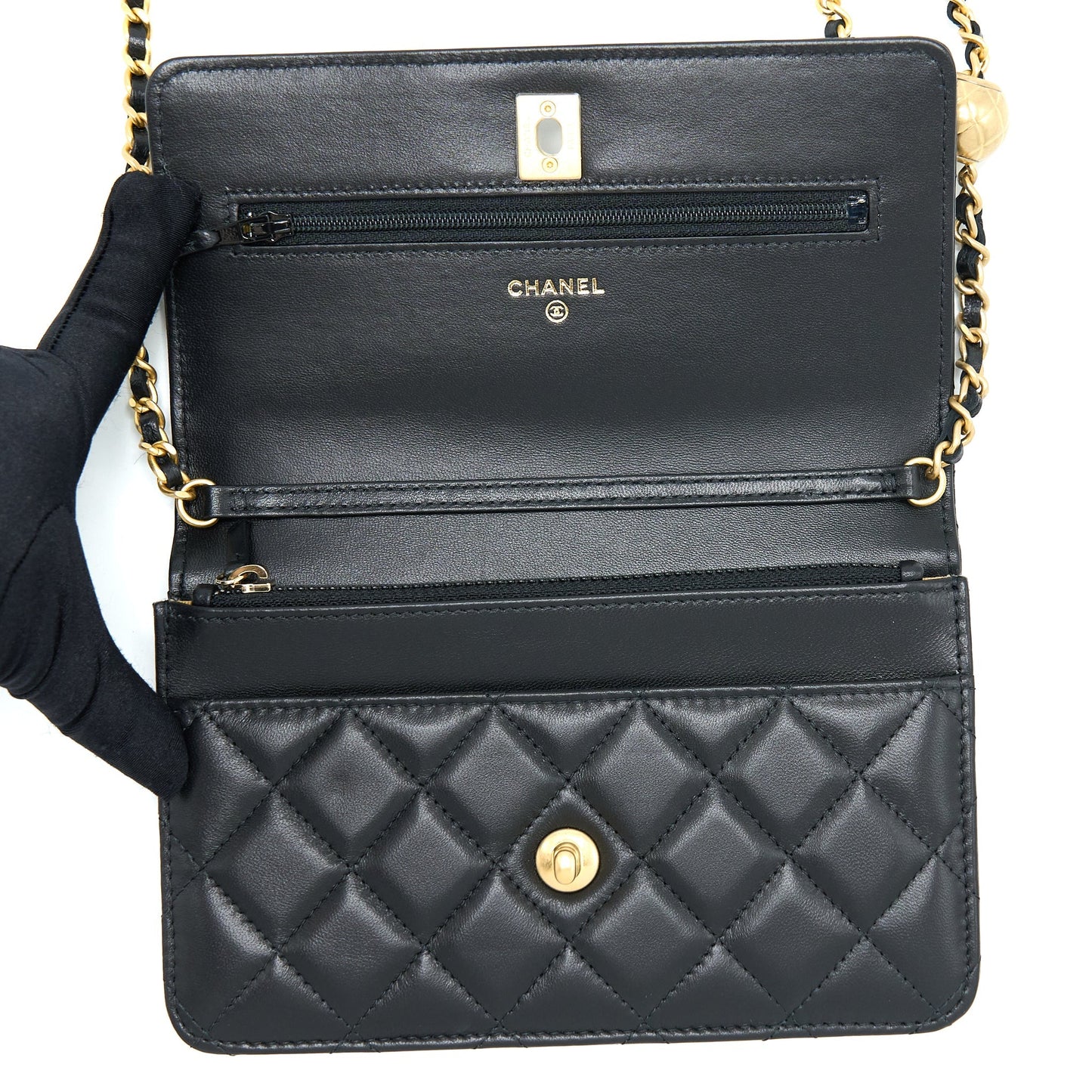 Chanel 22B Pearl Crush Wallet On Chain Lambskin Black GHW (Microchip)
