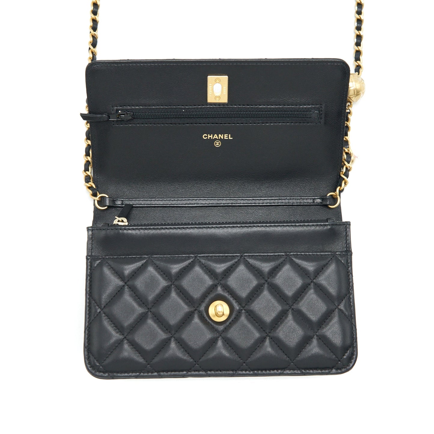 Chanel 22C Pearl Crush Wallet On Chain Lambskin Black GHW (Microchip)