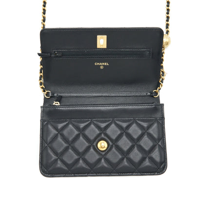 Chanel 22C Pearl Crush Wallet On Chain Lambskin Black GHW (Microchip)